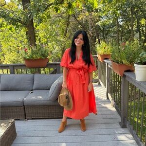 VINCE
Burnt Orchid Cuffed Sleeve V-Neck Dress